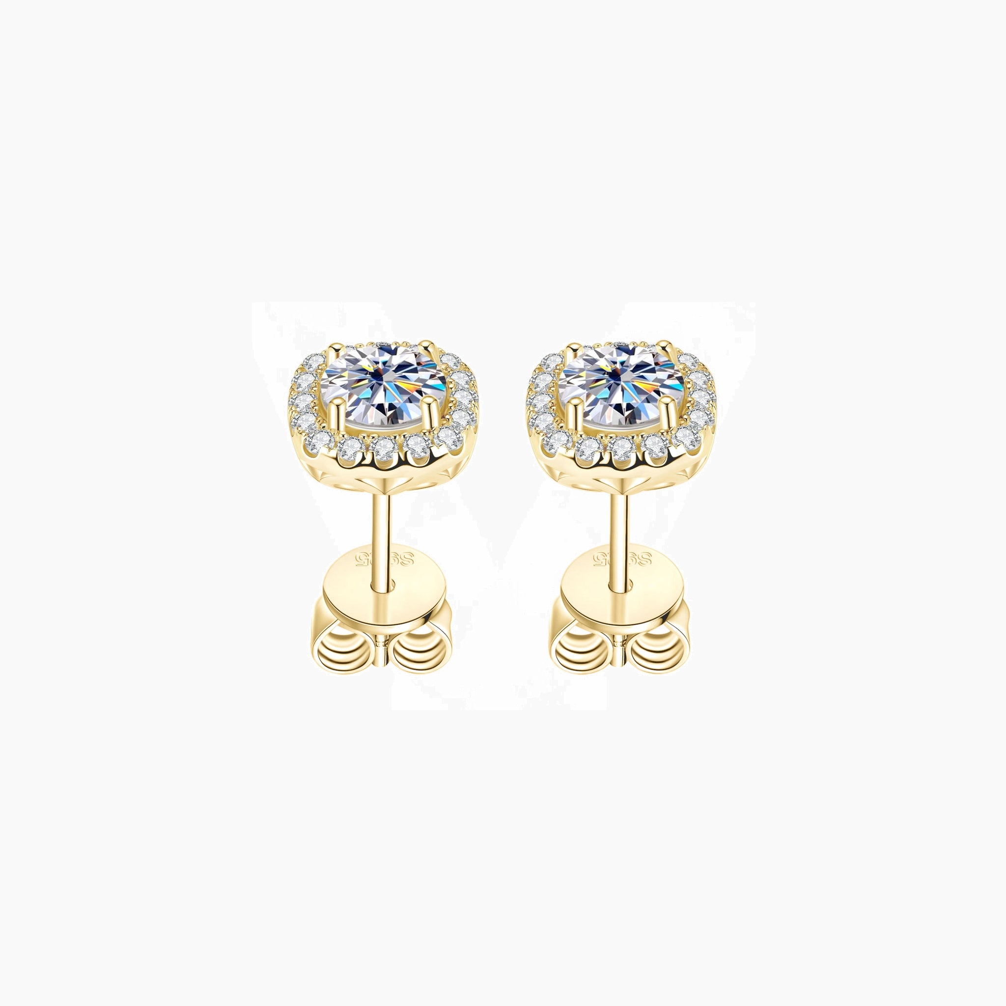Round-cut moissanite cushion halo stud earrings in yellow gold vermeil, front and back views.