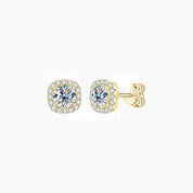 Round-cut moissanite cushion halo stud earrings in yellow gold vermeil, front and side views.