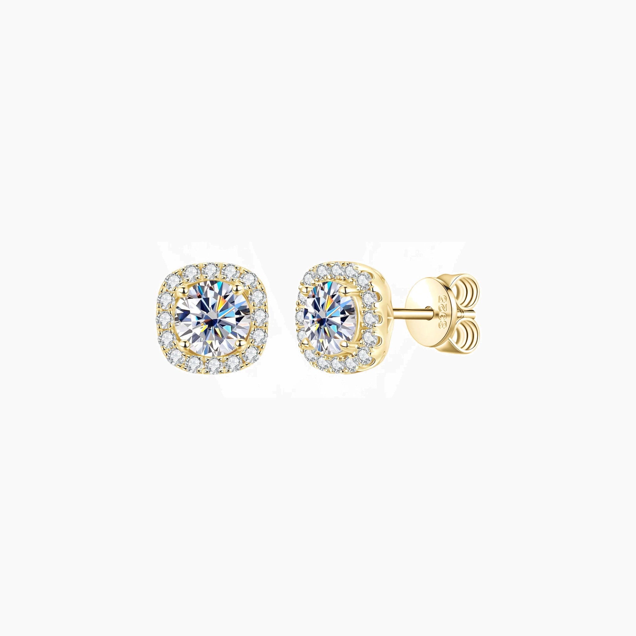 Round-cut moissanite cushion halo stud earrings in yellow gold vermeil, front and side views.