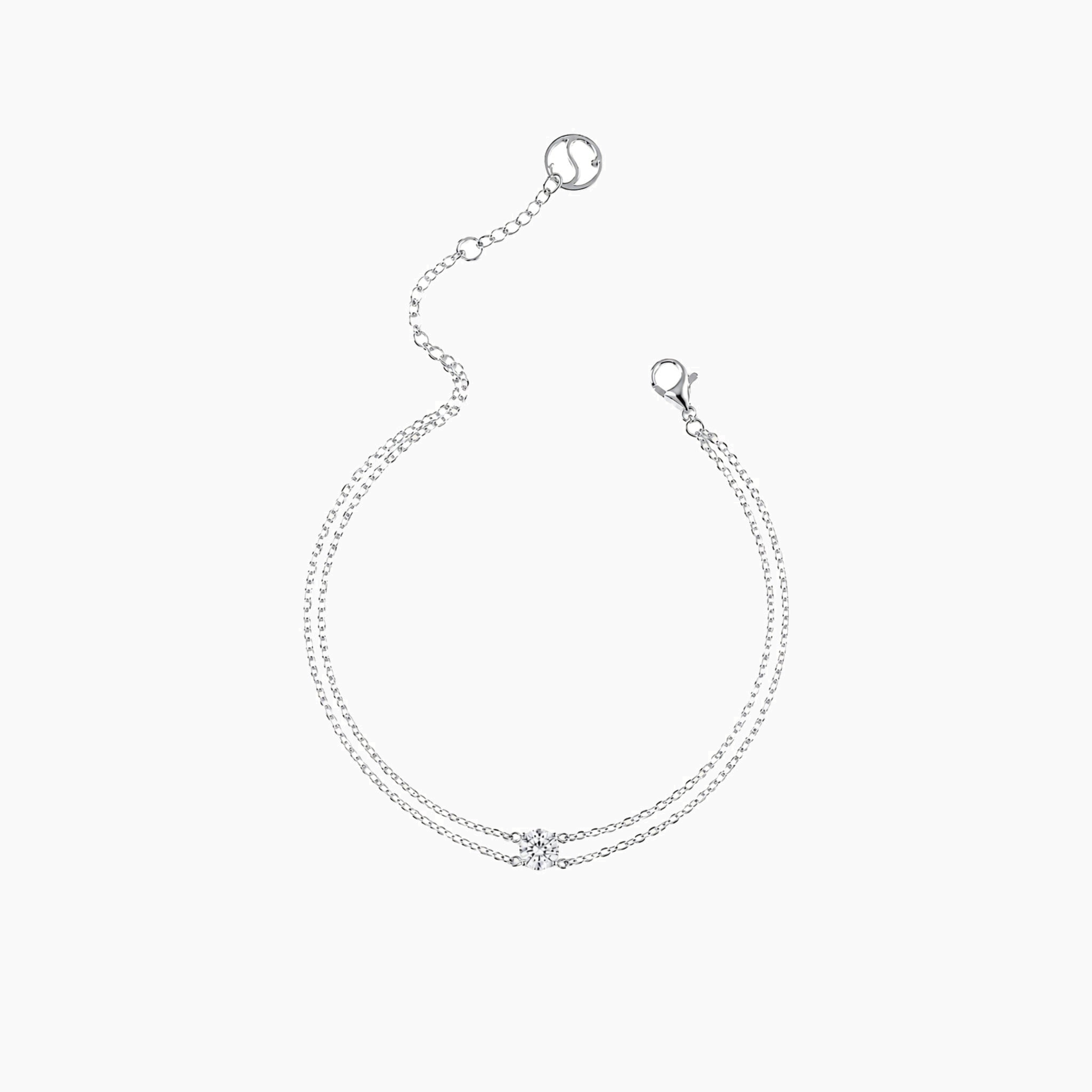 Round-cut moissanite double-chain bracelet in white gold vermeil, open view showing the closure.
