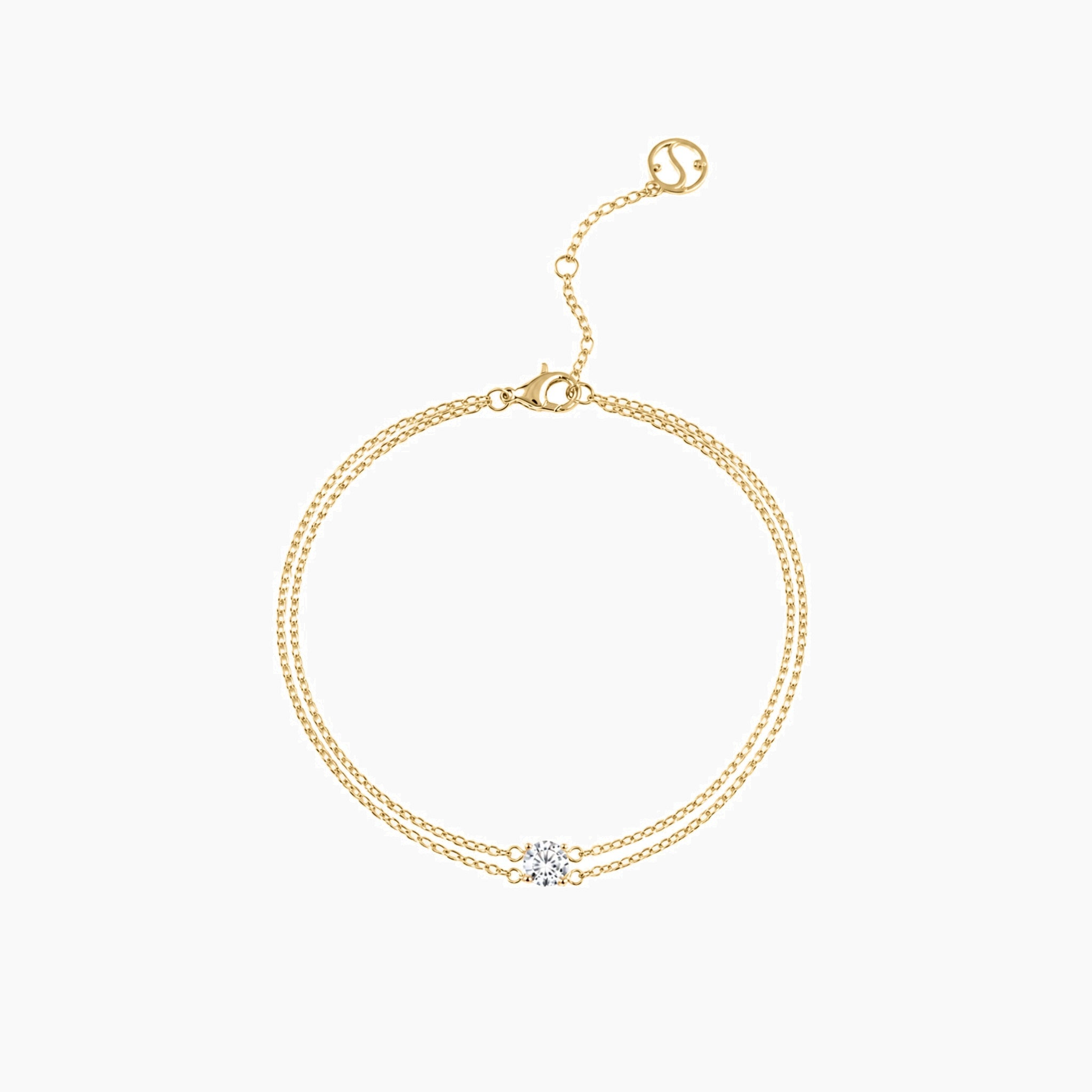 Round-cut moissanite double-chain bracelet in yellow gold vermeil, full product view.