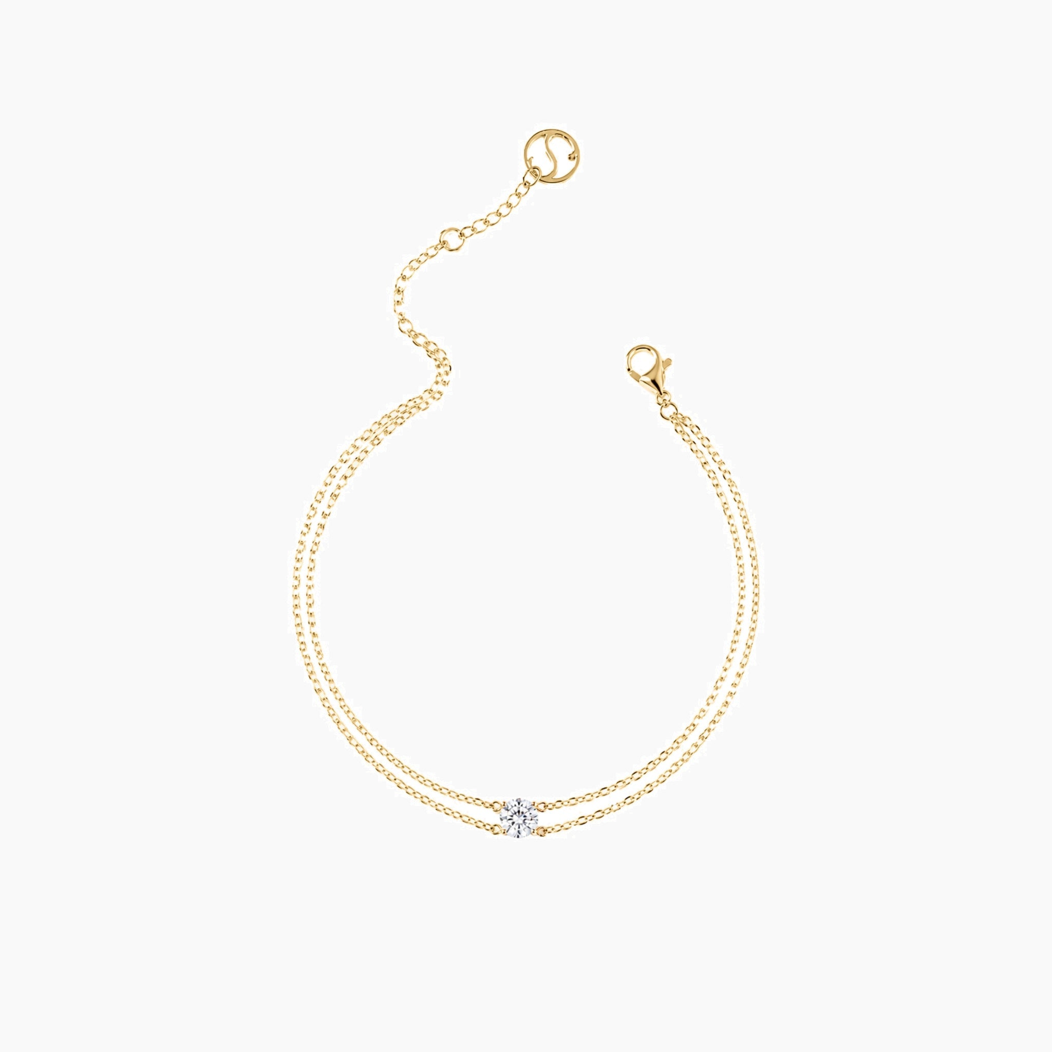 Round-cut moissanite double-chain bracelet in yellow gold vermeil, open view showing the closure.