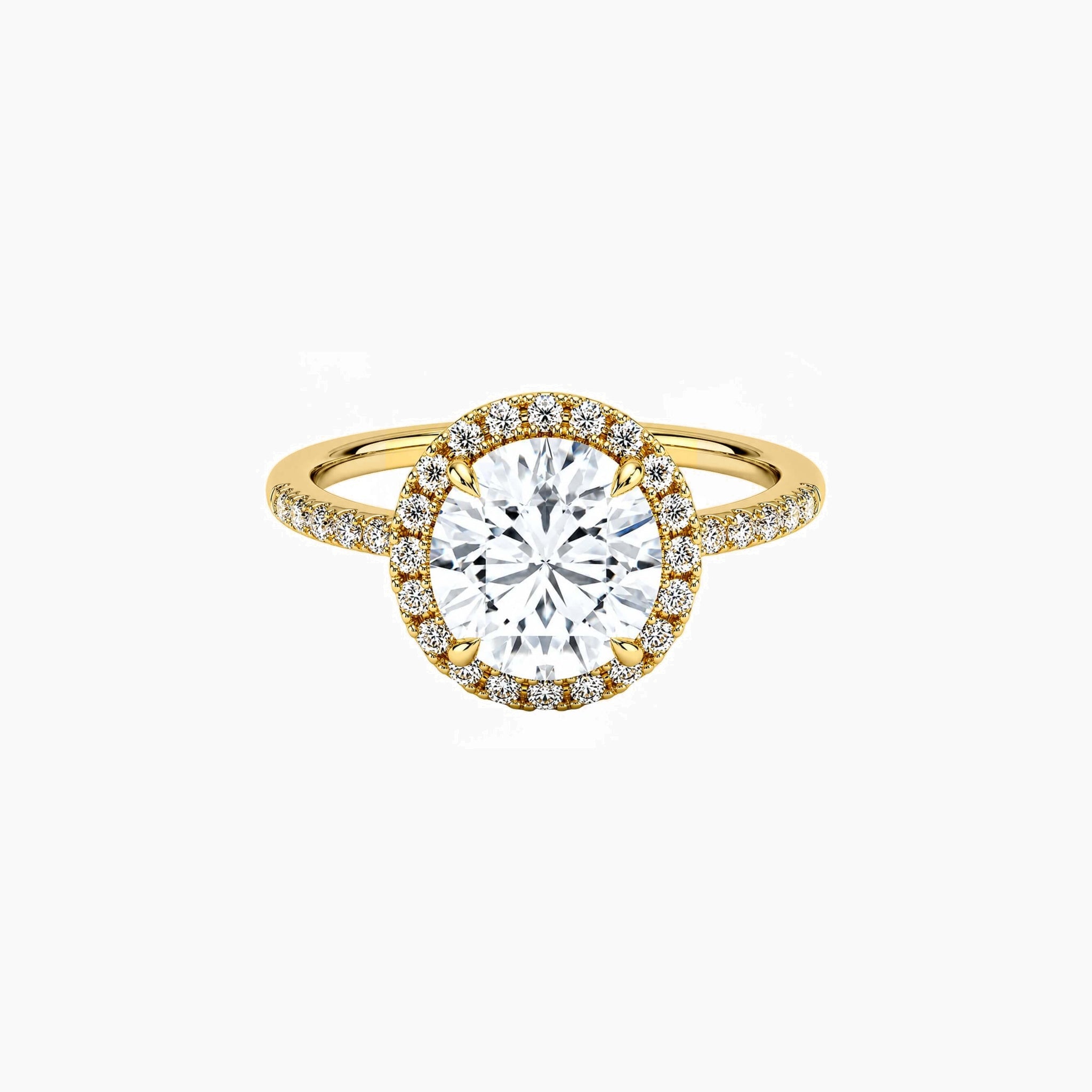 Round-cut moissanite halo ring with pavé band in yellow gold vermeil, front view.