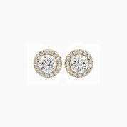 Round-cut moissanite halo stud earrings in yellow gold vermeil, front view.