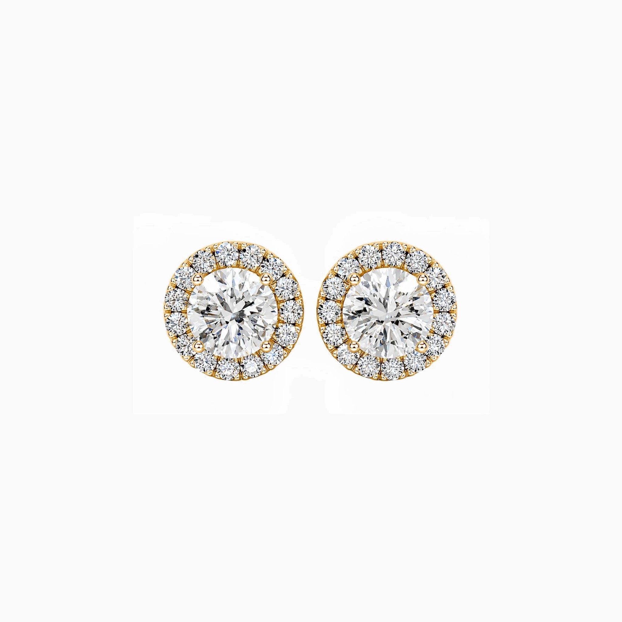 Round-cut moissanite halo stud earrings in yellow gold vermeil, front view.