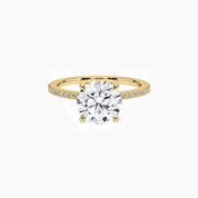 Round-cut moissanite hidden halo ring with pavé band in yellow gold vermeil, front view.