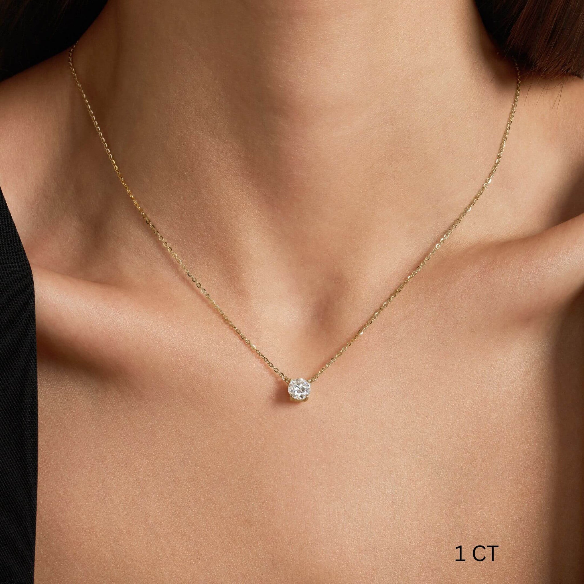 Round-cut moissanite pendant necklace worn at the neckline.