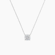 Round-cut moissanite pendant necklace in white gold vermeil, front view.