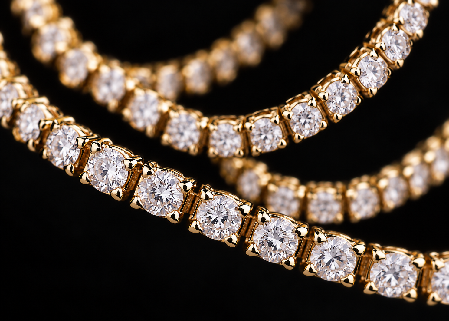 Lab-grown diamond chains layered on a black surface