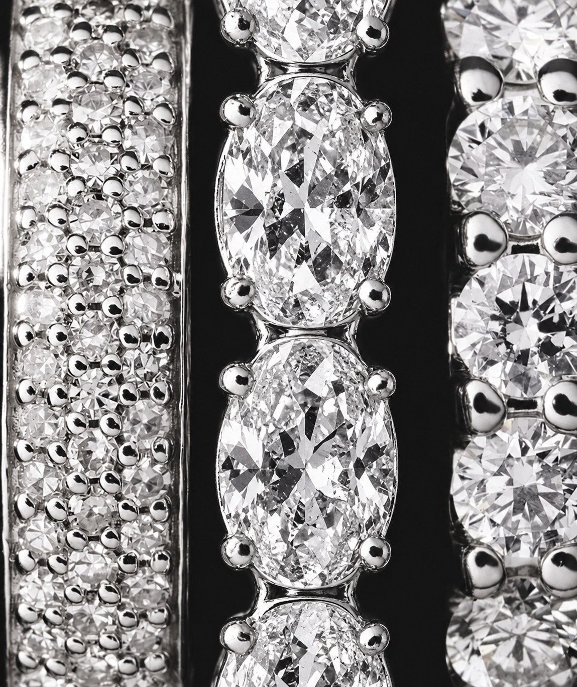 Black-and-white close-up of oval and round moissanite tennis bracelet settings.