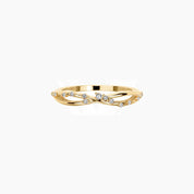 Scattered moissanite crisscross ring in yellow gold vermeil, front view.