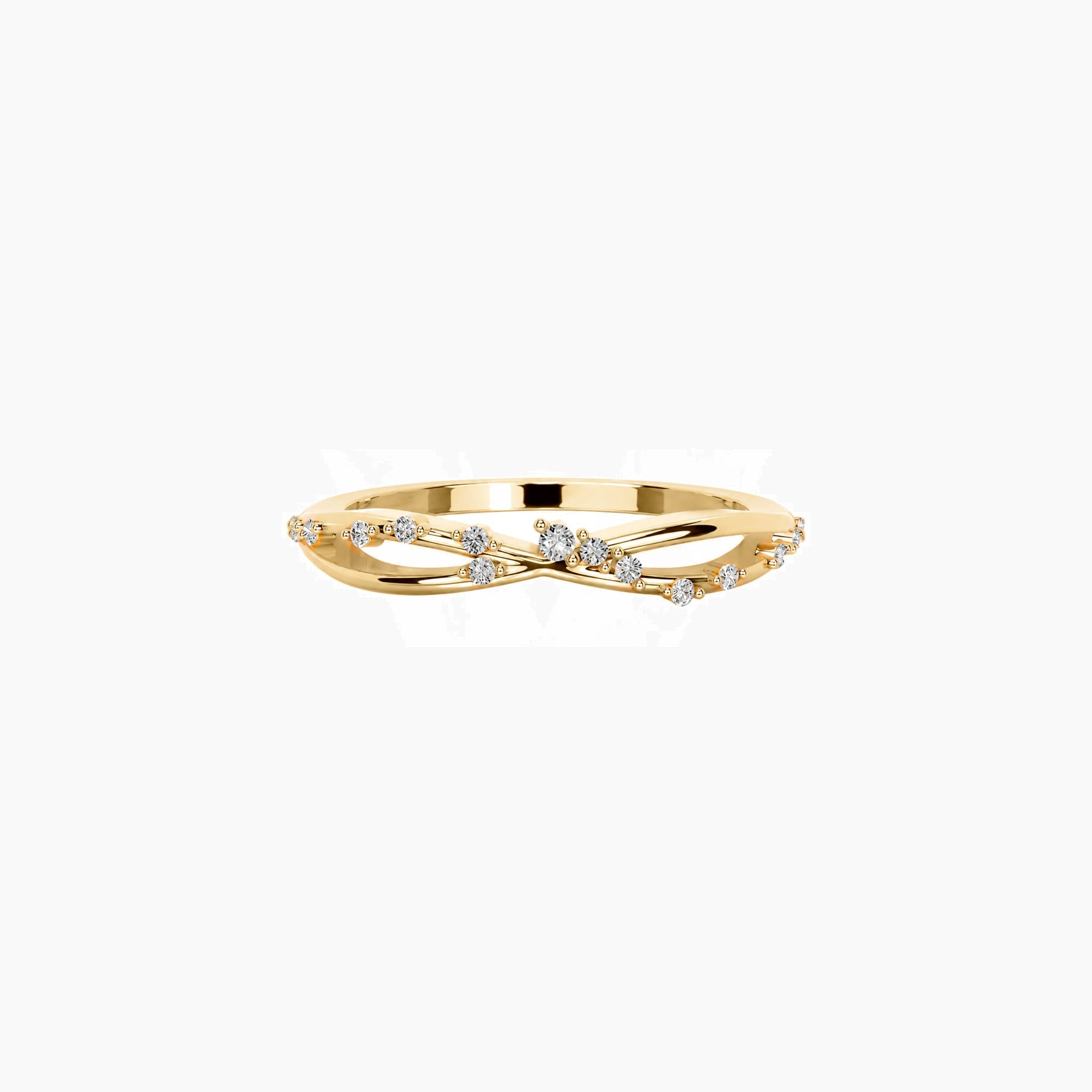 Scattered moissanite crisscross ring in yellow gold vermeil, front view.