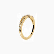 Scattered moissanite crisscross ring in yellow gold vermeil, side view.