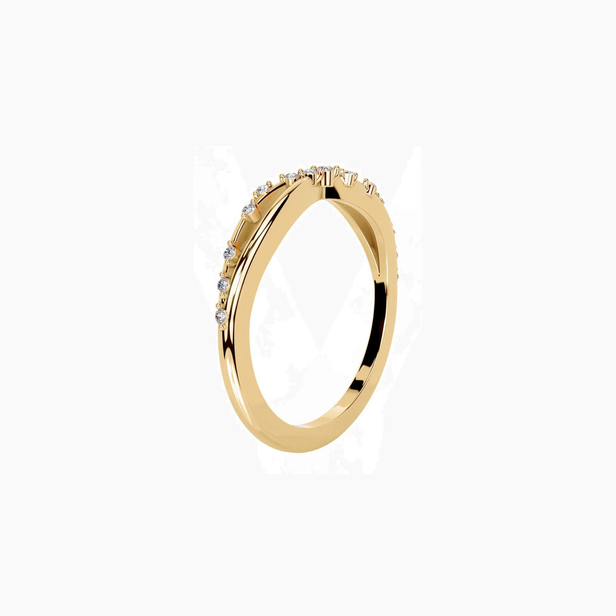 Scattered moissanite crisscross ring in yellow gold vermeil, side view.