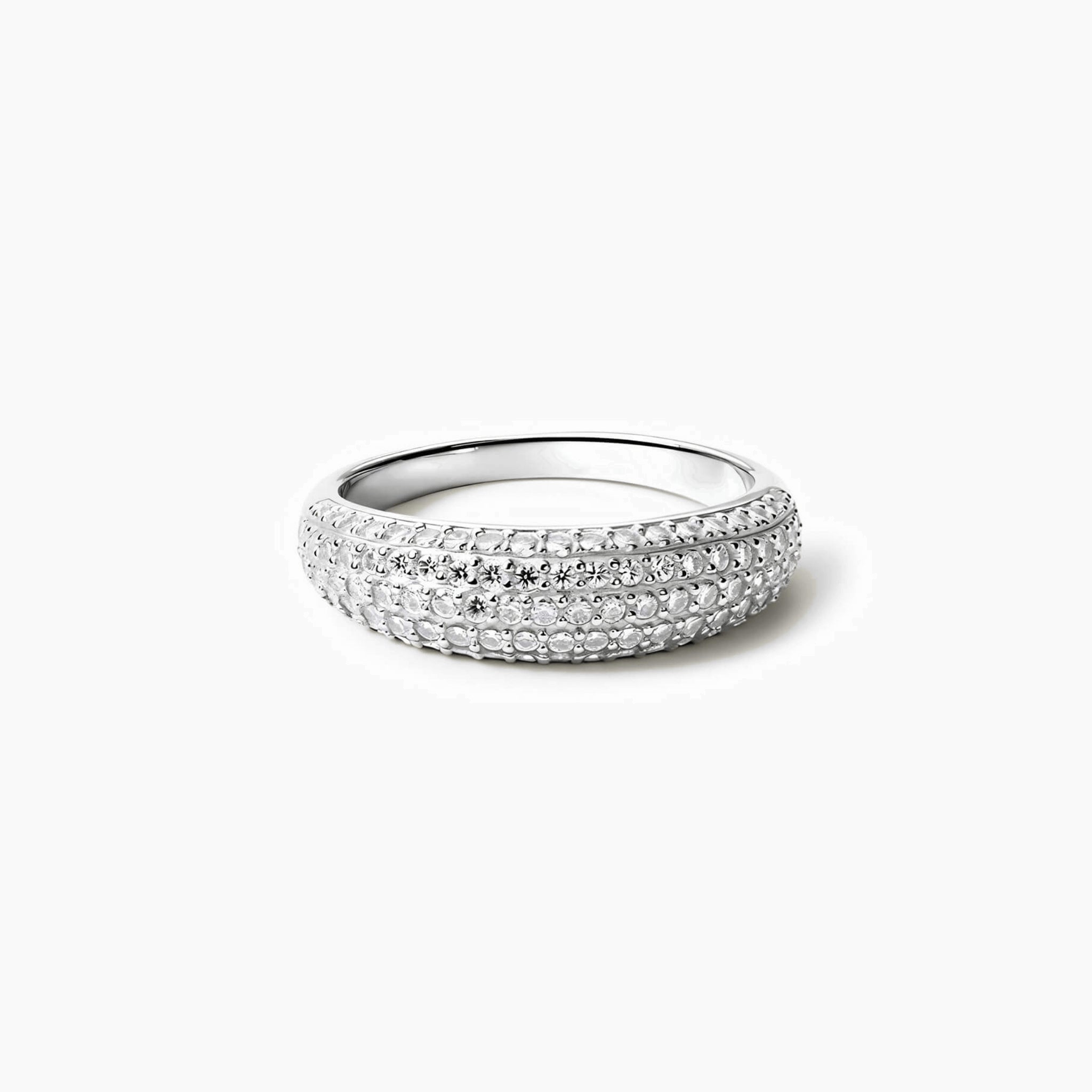 Slim pavé moissanite dome ring in white gold vermeil, front view.