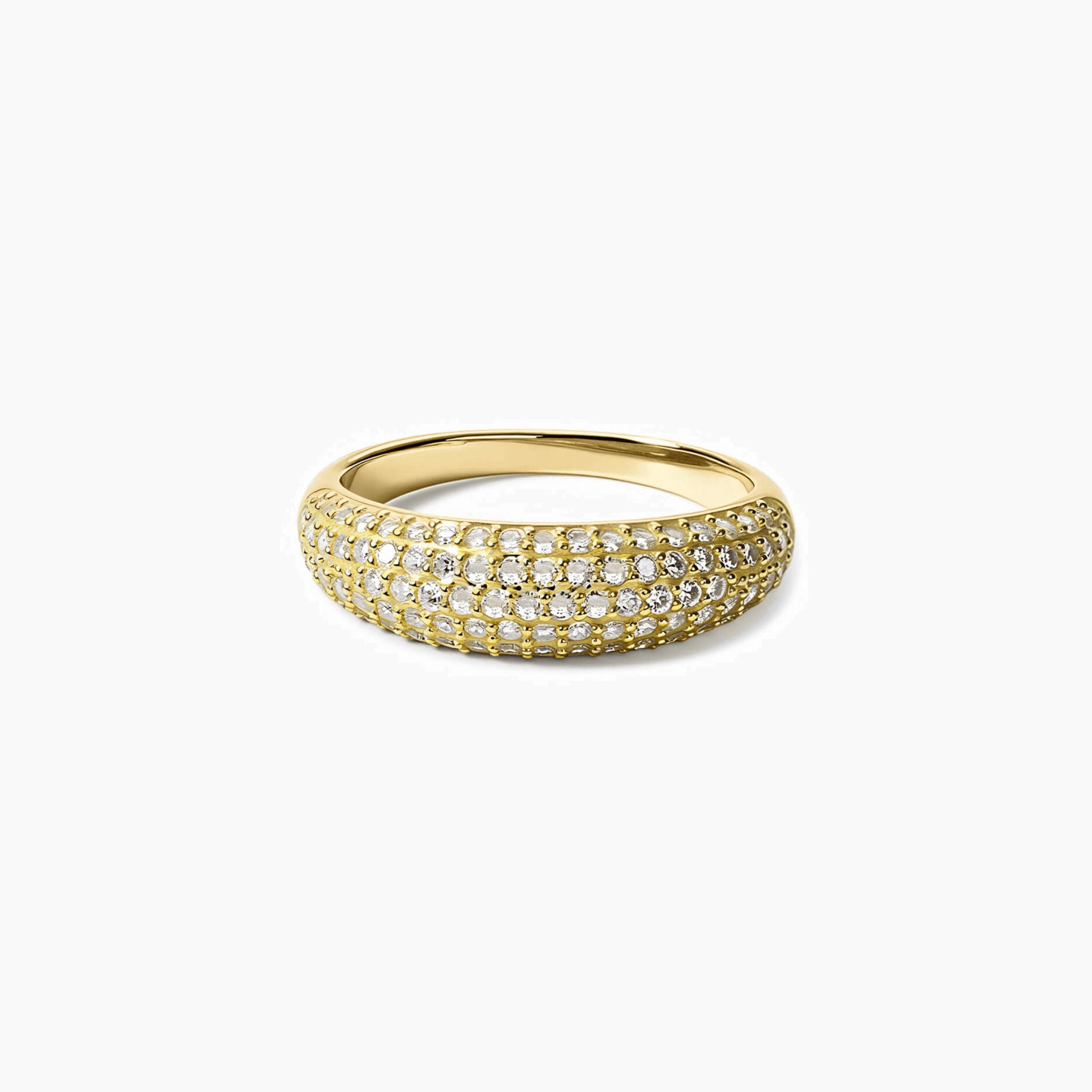 Slim pavé moissanite dome ring in yellow gold vermeil, front view.