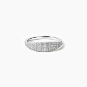 Slim pavé moissanite signet ring in white gold vermeil, front view.