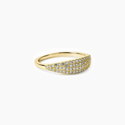 Slim pavé moissanite signet ring in yellow gold vermeil, angled view.