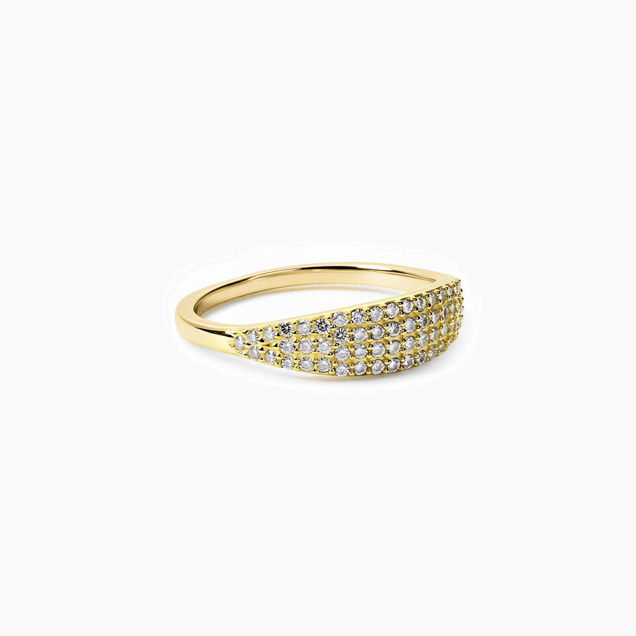 Slim pavé moissanite signet ring in yellow gold vermeil, angled view.