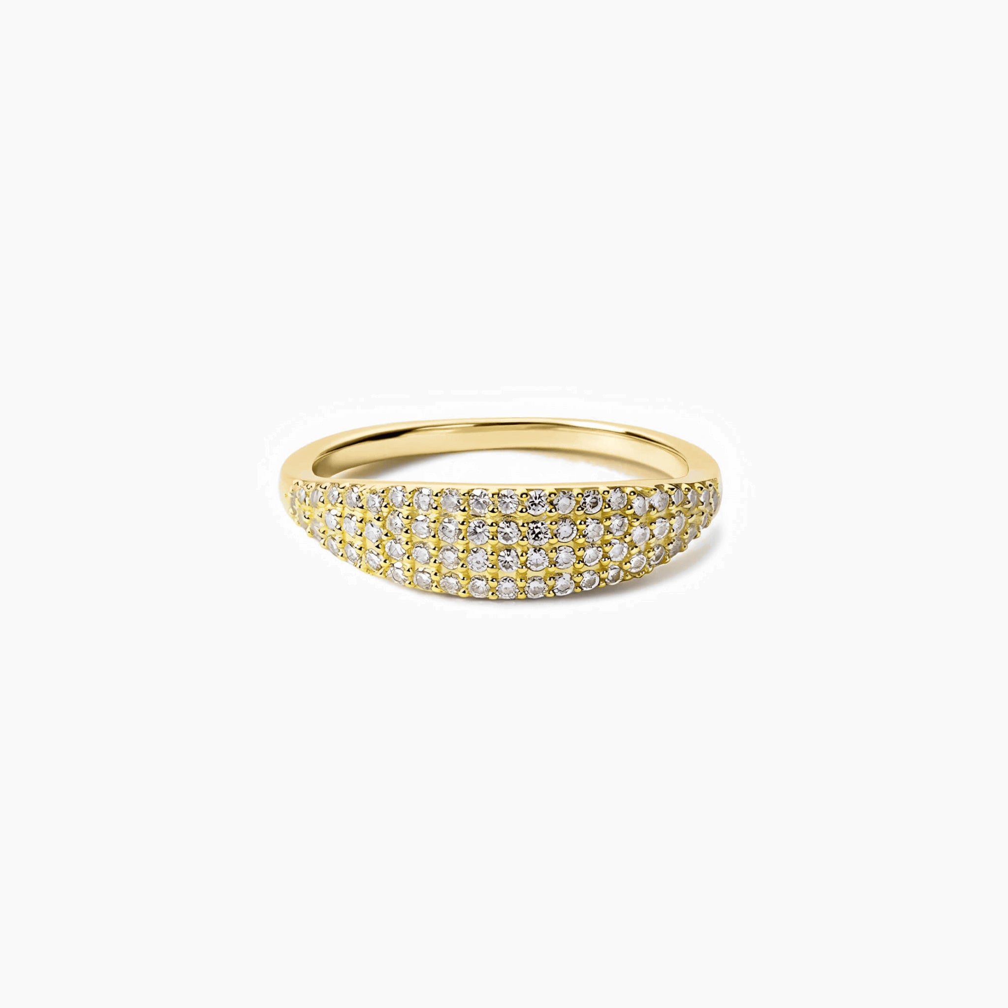 Slim pavé moissanite signet ring in yellow gold vermeil, front view.