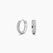 Small bold pavé moissanite hoop earrings in white gold vermeil, front and side views.
