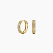 Small bold pavé moissanite hoop earrings in yellow gold vermeil, front and side views.