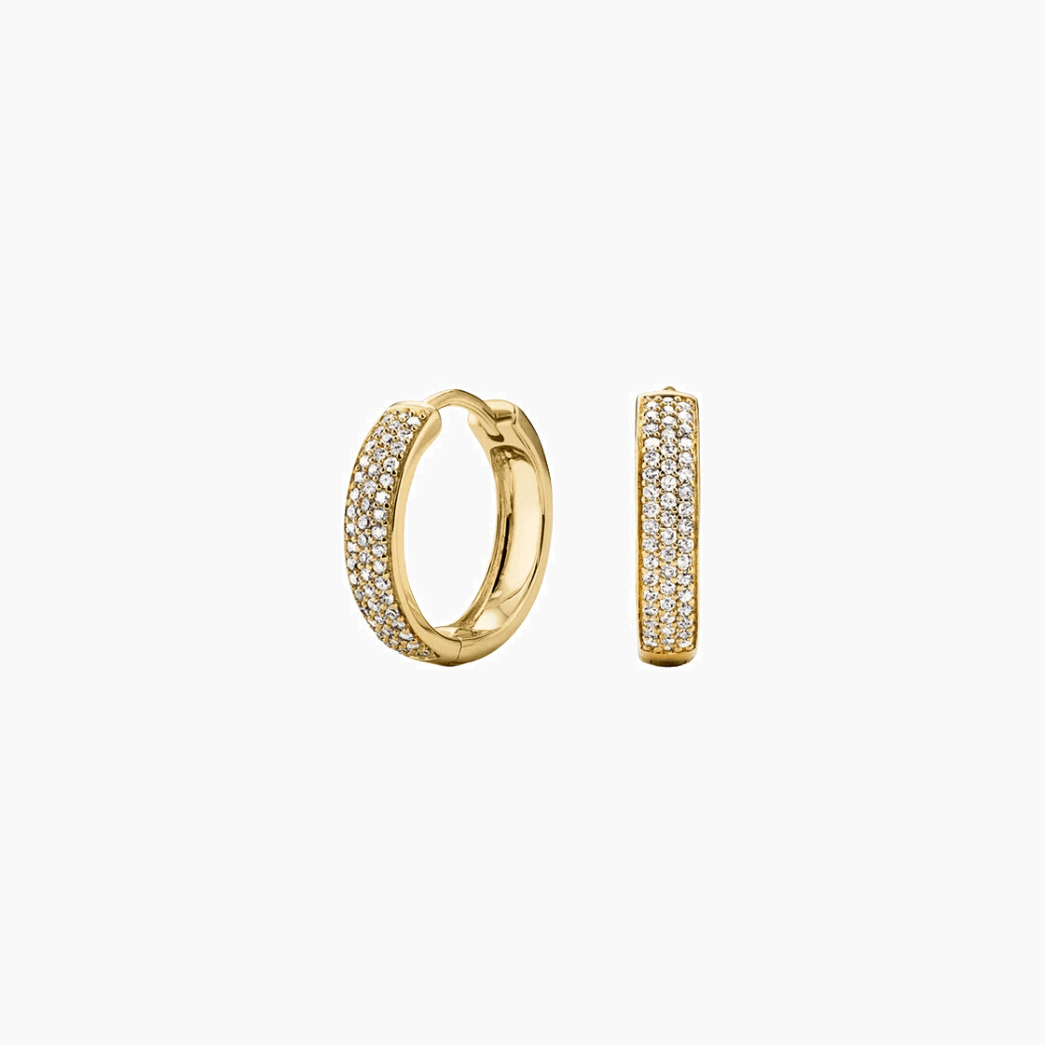Small bold pavé moissanite hoop earrings in yellow gold vermeil, front and side views.