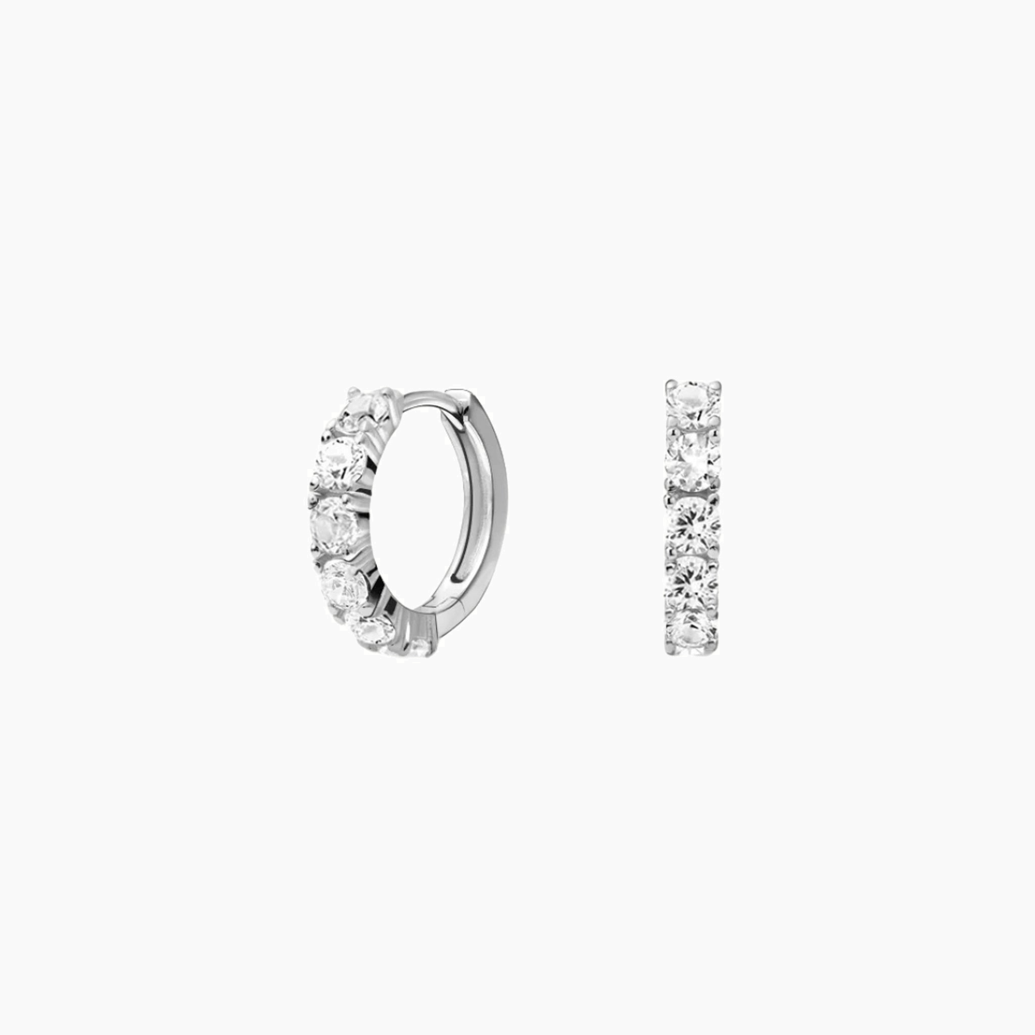 Small moissanite hoop earrings in white gold vermeil, front and side views.