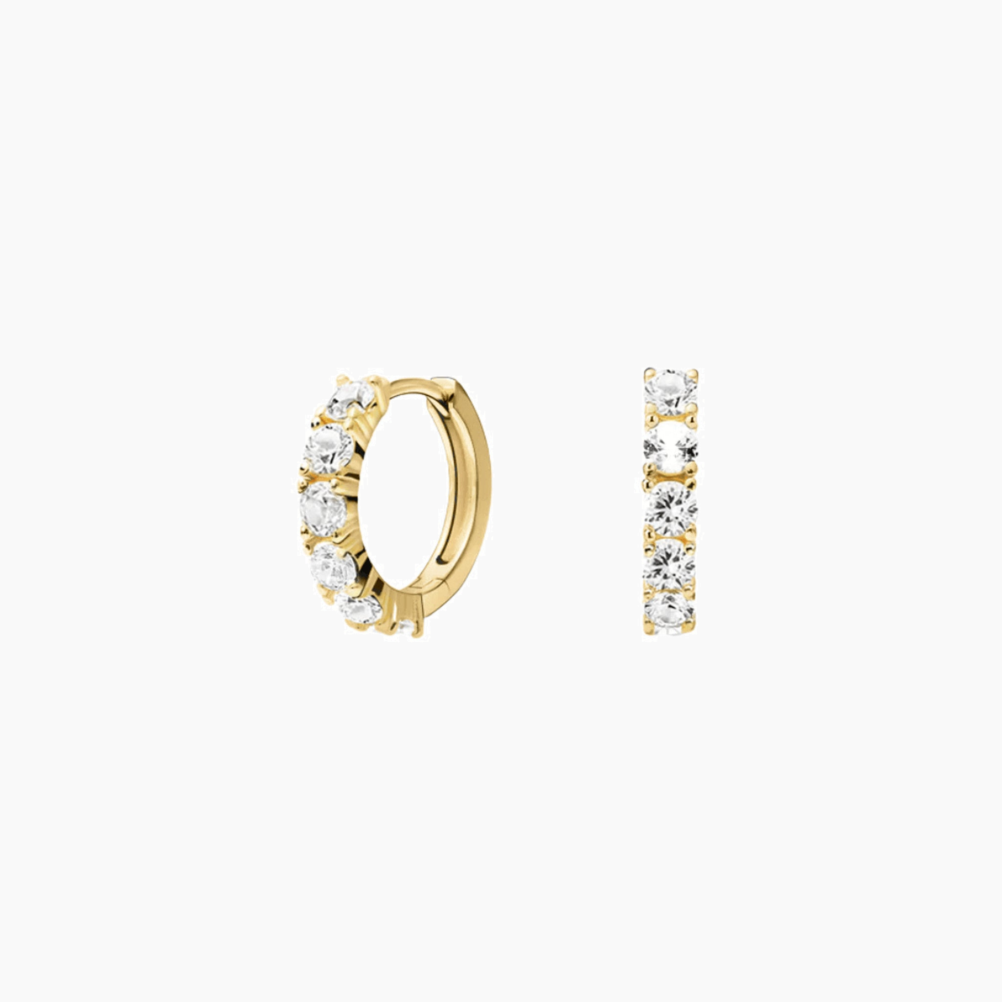 Small moissanite hoop earrings in yellow gold vermeil, front and side views.