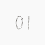 Small pavé moissanite hoop earrings in white gold vermeil, front and side views.
