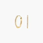 Small pavé moissanite hoop earrings in yellow gold vermeil, front and side views.
