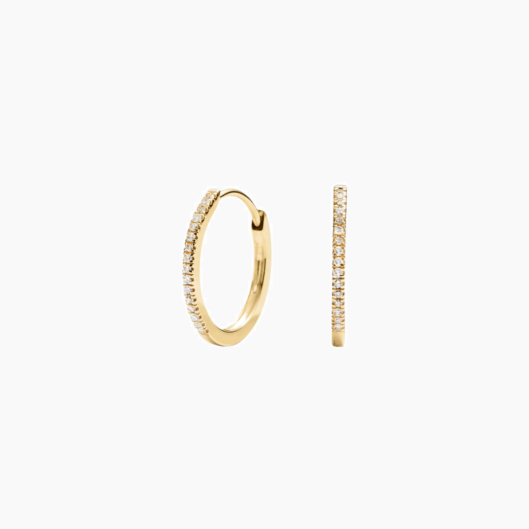 Small pavé moissanite hoop earrings in yellow gold vermeil, front and side views.