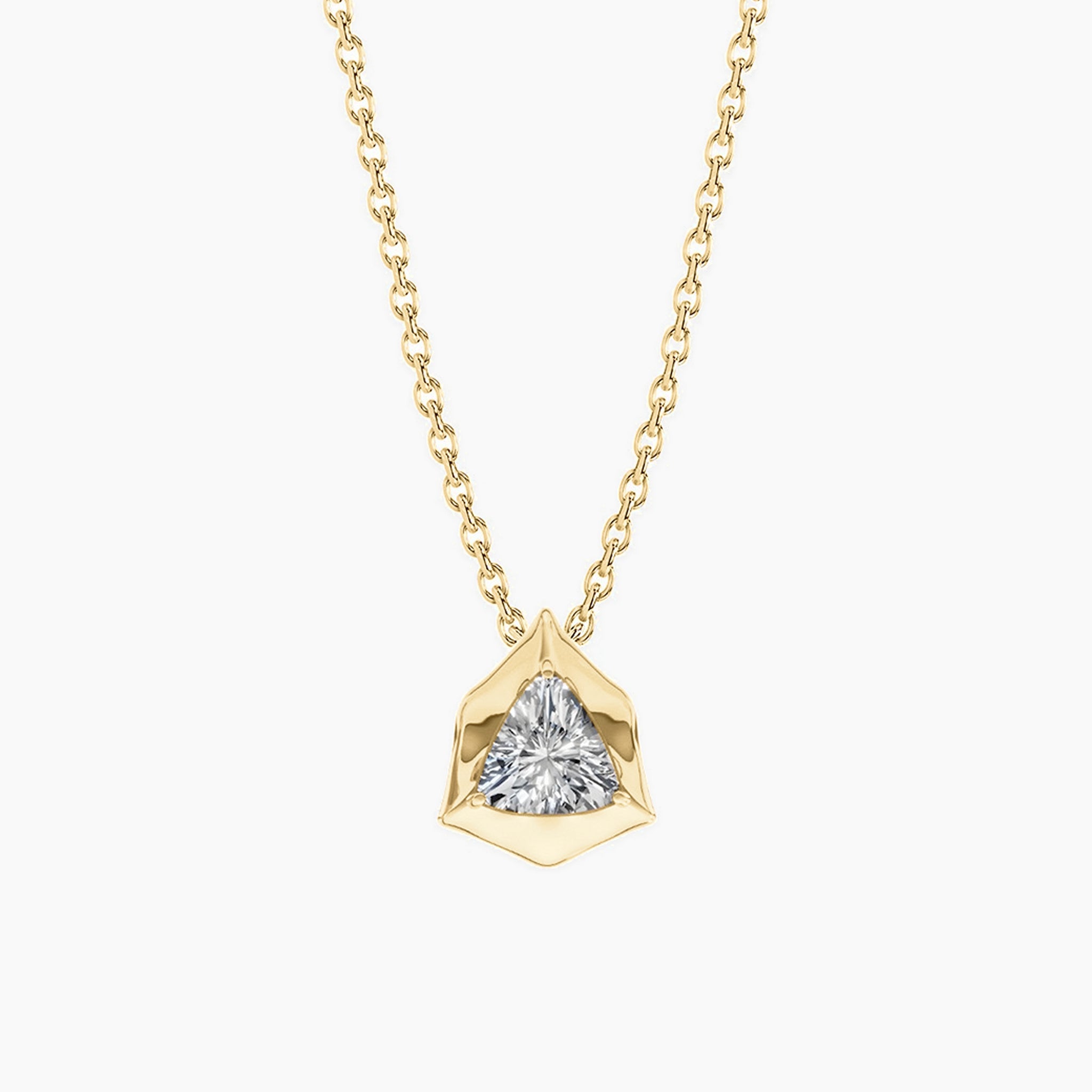 Trillion-cut moissanite pendant necklace in 18k yellow gold vermeil, front view.