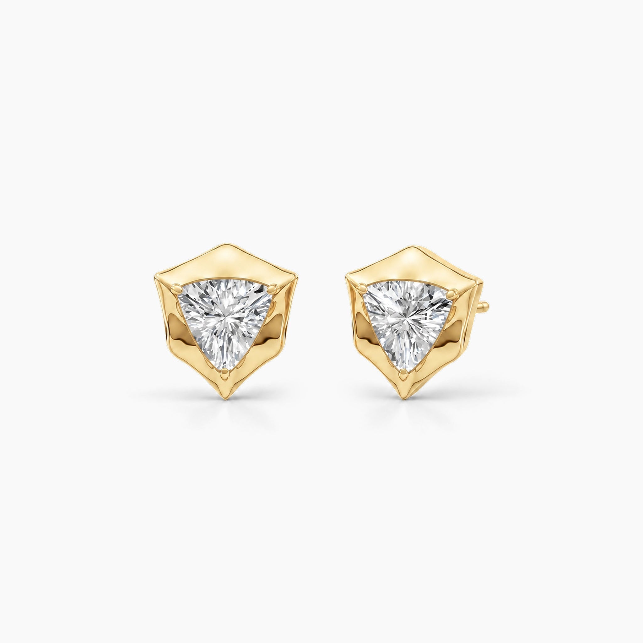 Trillion-cut moissanite bezel-prong stud earrings in 18k yellow gold vermeil, front and angled views.